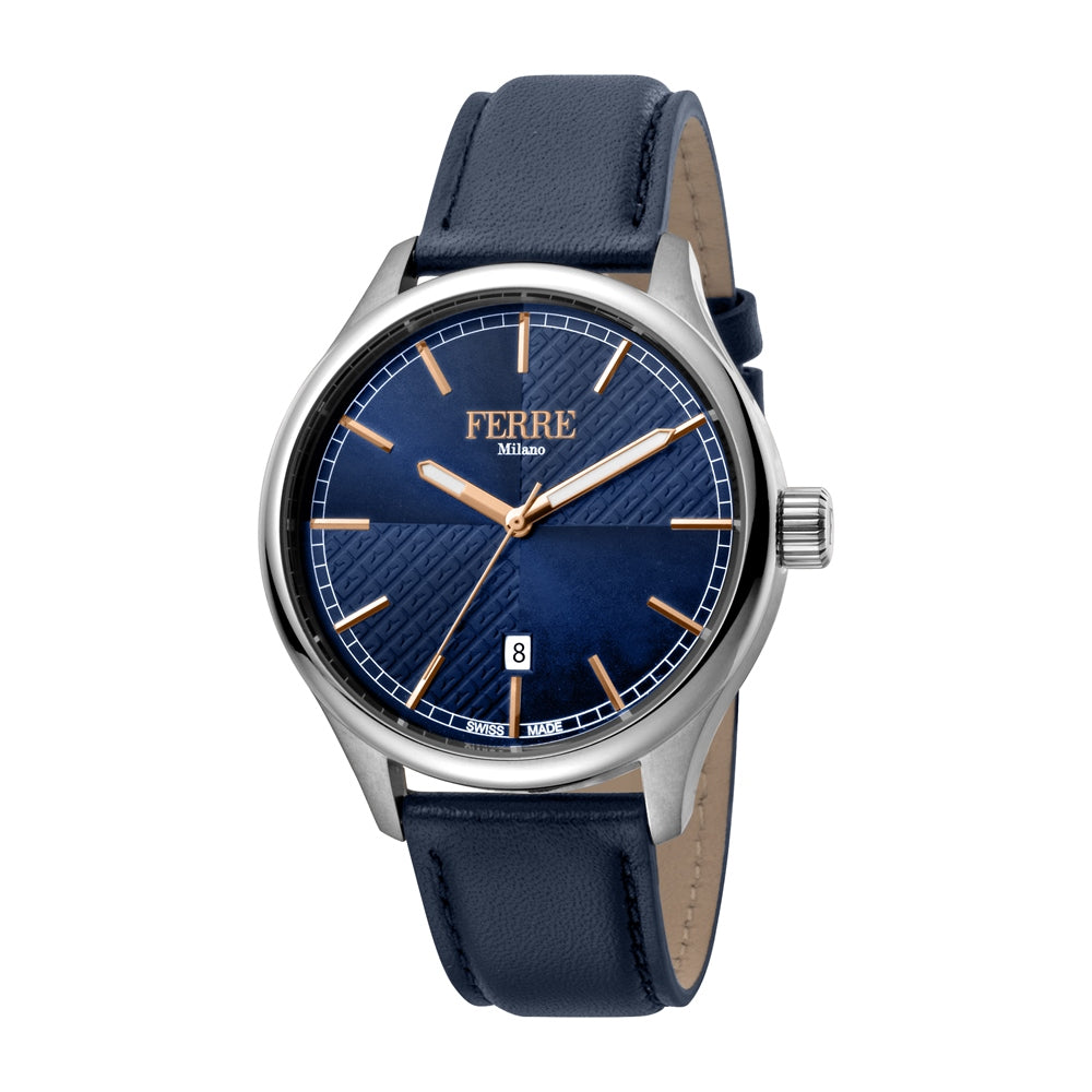 Ferre Milano Men's Stainless Steel Watch Blue Dial With Blue Leather Strap