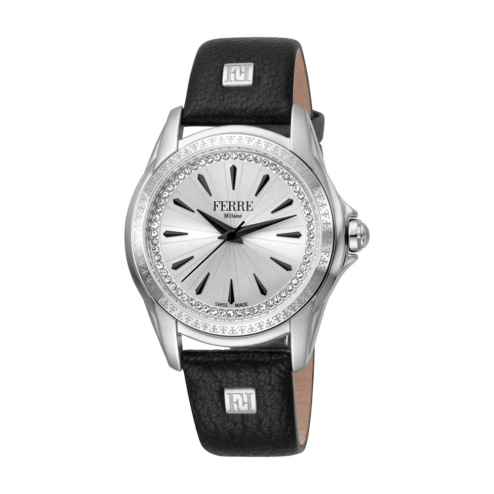 Ferre Milano Ladies Watch Stainless Steel Case &amp; Black Leather Strap With Stone