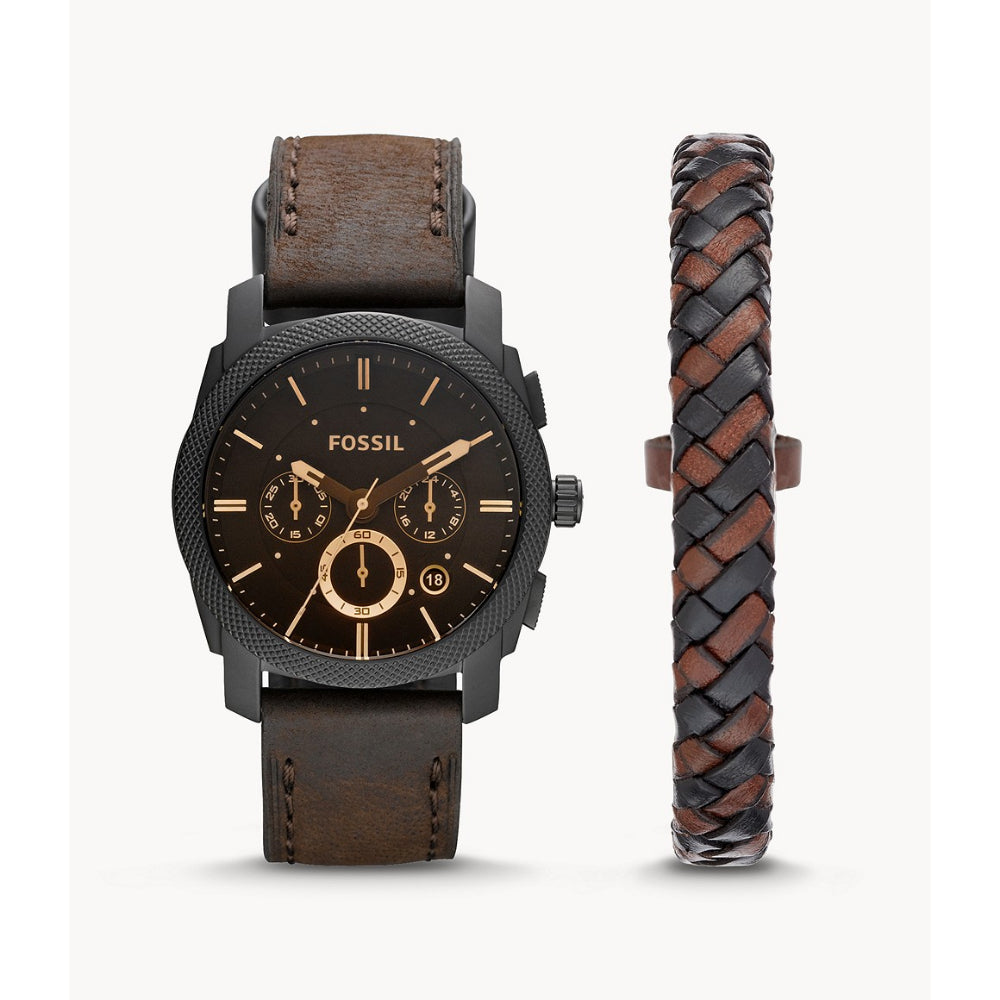 Fossil Machine Men's Chronograph Dark Brown Leather Watch and Bracelet Box Set
