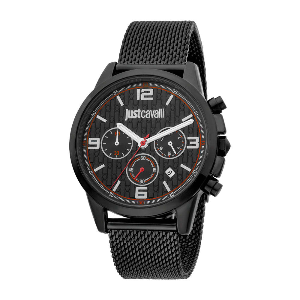 Just Cavalli Men Watch, Black Color Case, Black Dial, Stainless Steel Mesh Bracelet