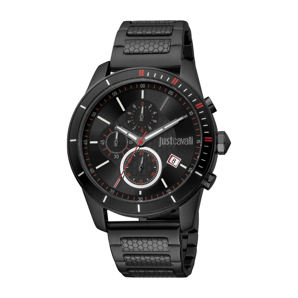 Just Cavalli Men Watch, Black Color Case, Black Dial, Black Color Stainless Steel Metal Bracelet