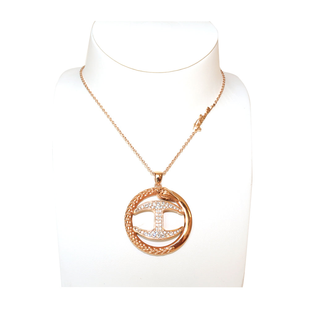Just Cavalli Necklace Ip Rose Gold Chain With Round Snake Style &amp; Jc Logo Pendant