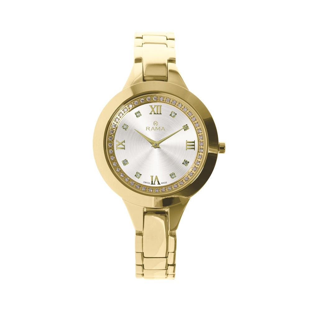 Rama Ladies Quartz Watch Full Yellow Gold Plated Stainless Steel Case &amp; Bracelet With Mother Of Pearl And Stones Dial