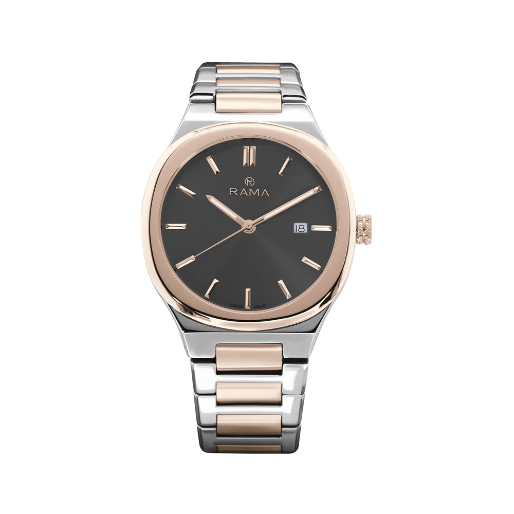 Rama Men's Quartz Watch Two Tone Rosegold/Silver Plated Stainless Steel Case &amp; Bracelet With Dark Brown Dial
