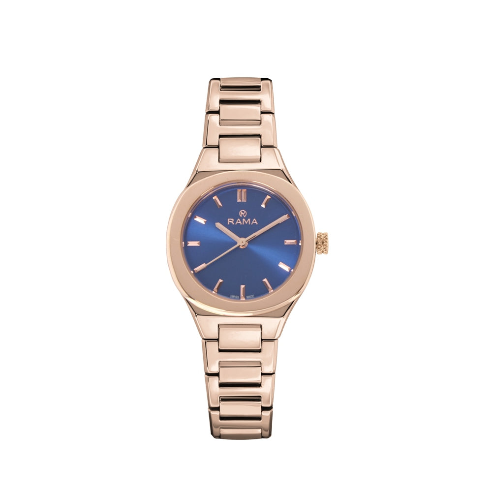 Rama Ladies Quartz Watch Full Rosegold Plated Stainless Steel Case &amp; Bracelet With Blue Sun Ray Dial