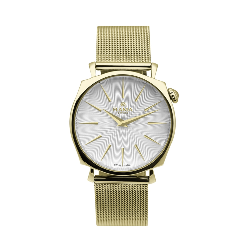 Rama Ladies Quartz Watch Yellow Gold Plated Stainless Steel Case With White Sun Ray Dial / Yellow Gold Plated Mesh Bracelet
