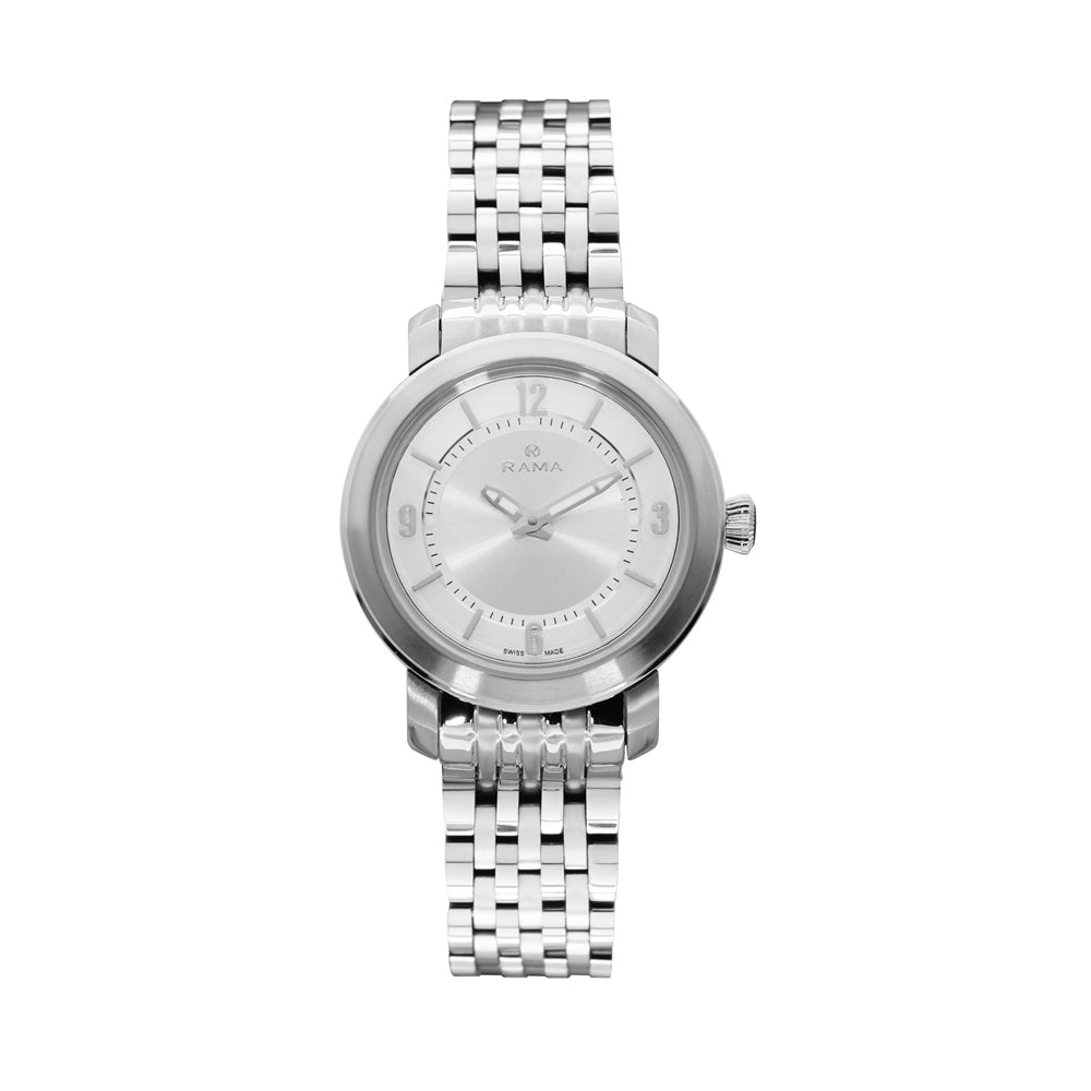 Rama Ladies Quartz Watch Full Stainless Steel Case &amp; Bracelet With Silver Sun Ray And White Ring Dial
