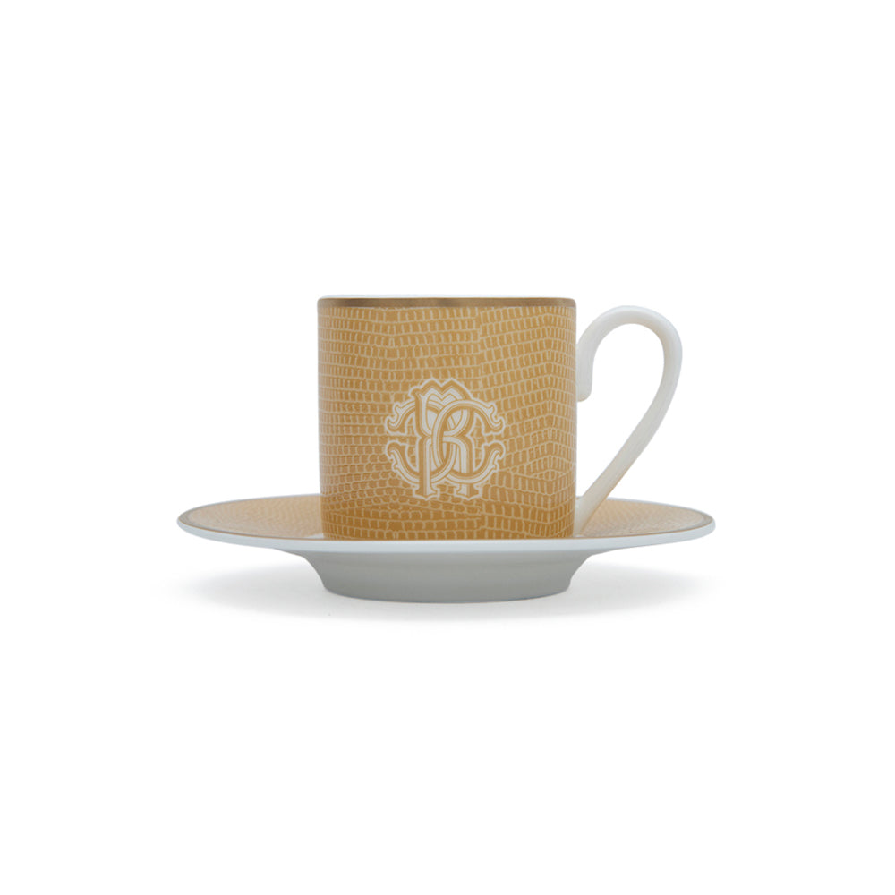 Roberto Cavalli Lizzard Gold Luxury box Set 2 Pcs. Coffee Cup &amp; Saucer - 6 x H 6.1 Cm Cap.12 Cl. - S.12 Cm