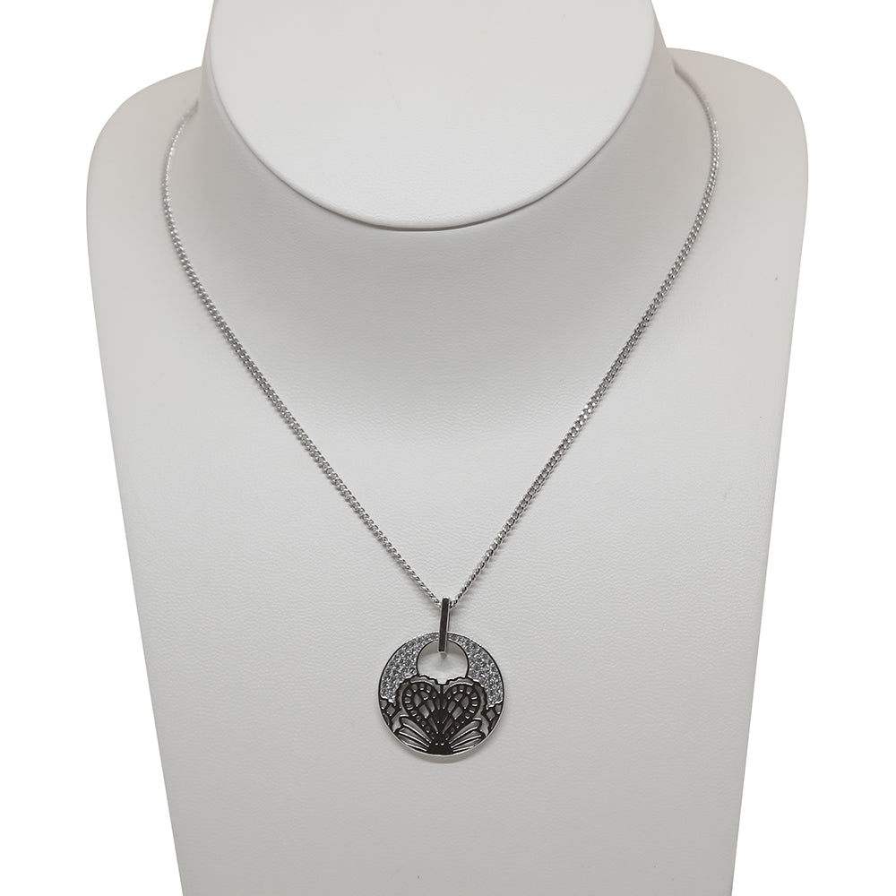 Rochas Necklace Silver Color Round Pendant With Stone