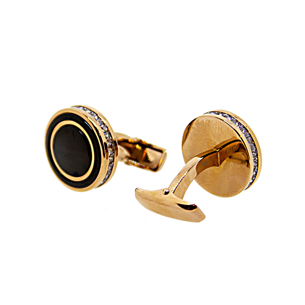 Smalto Cufflinks Rosegold With Black Mid &amp; Crystal Design Around