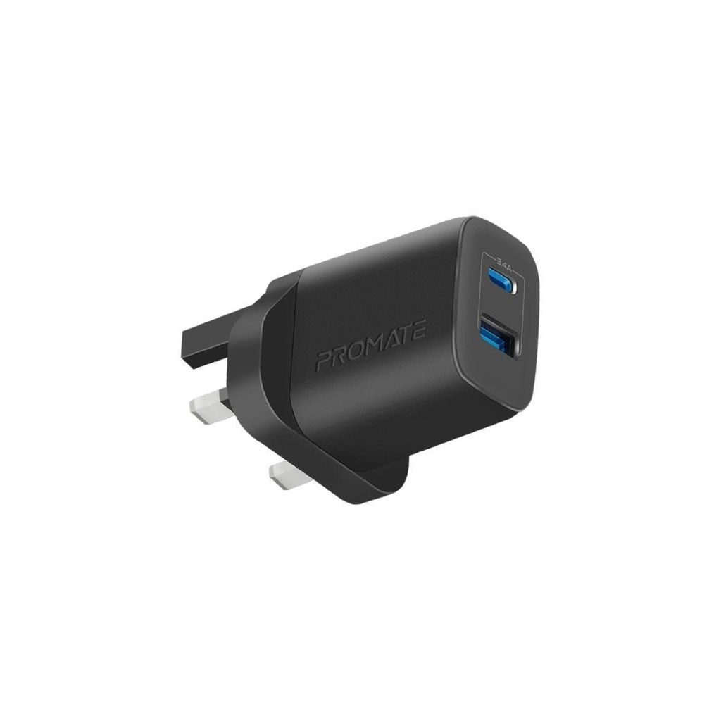 Promate 15.5W Wall Charger With USB-C &amp; USB-A Ports UK-Black