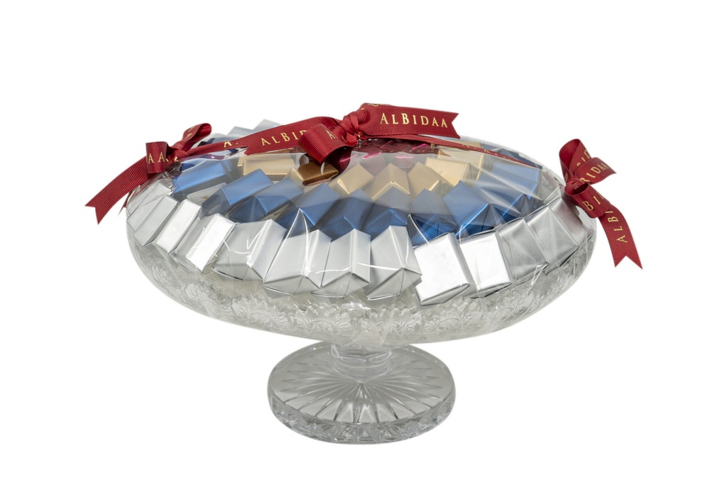 1230 grams of assorted chocolates in crystal centerpiece