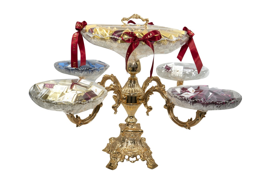 2130 grams of assorted chocolates in crystal and golden centerpiece